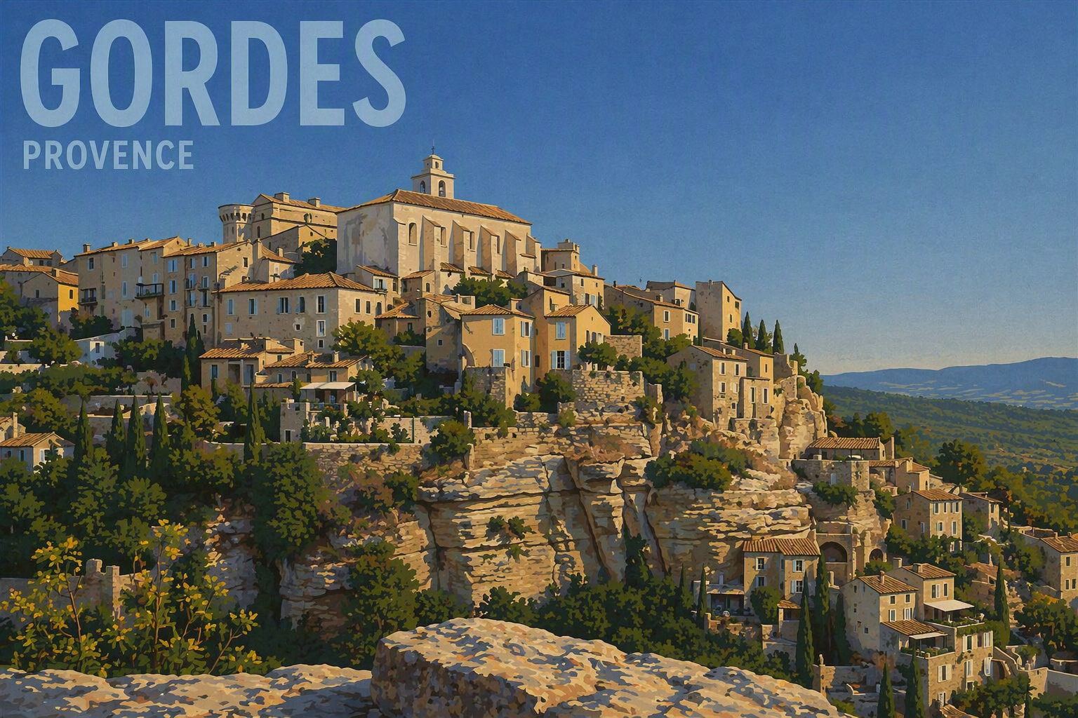 Illustrated poster of Gordes village perched on a limestone cliff in Provence