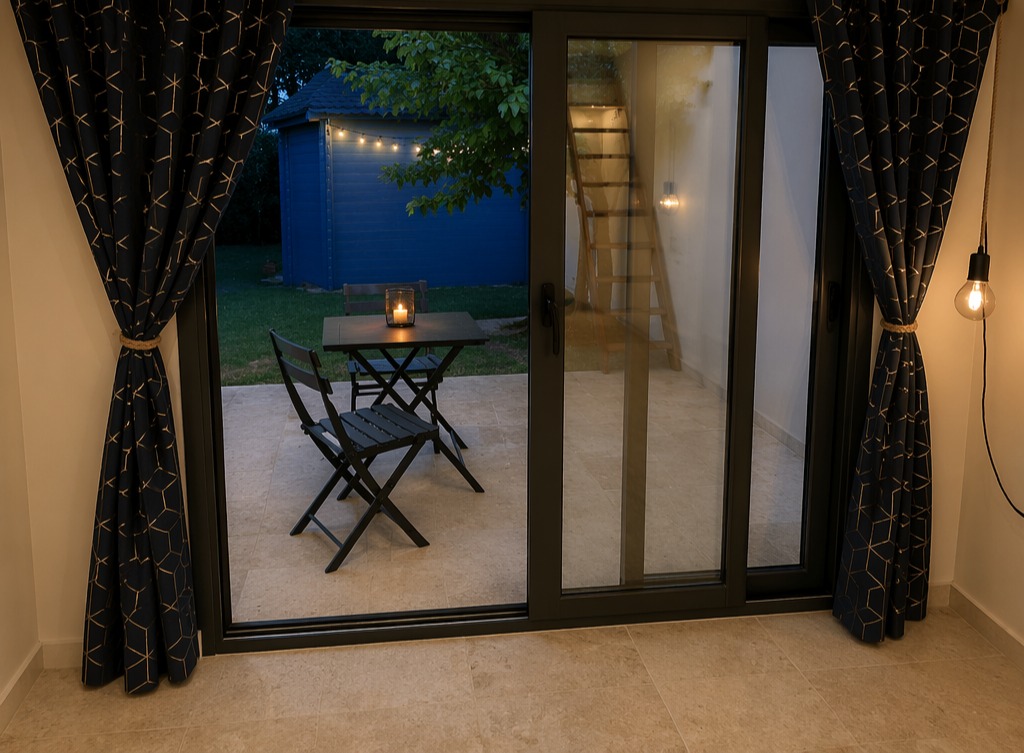 Garden terrace at night seen through the sliding doors