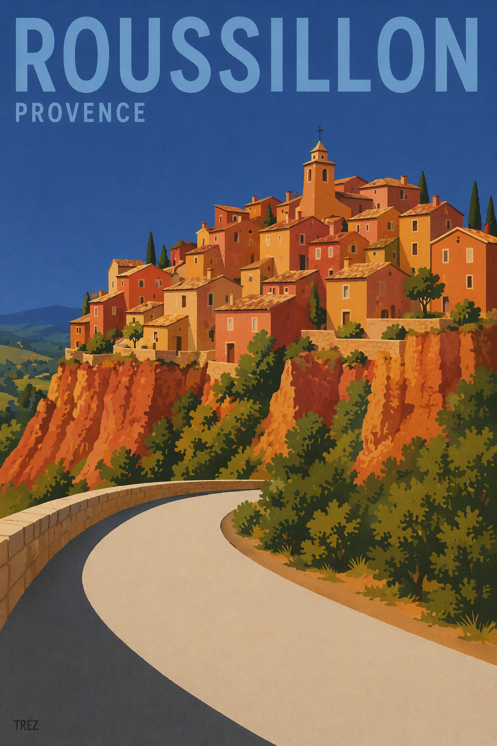 Illustrated poster of Roussillon village on ochre cliffs in Provence
