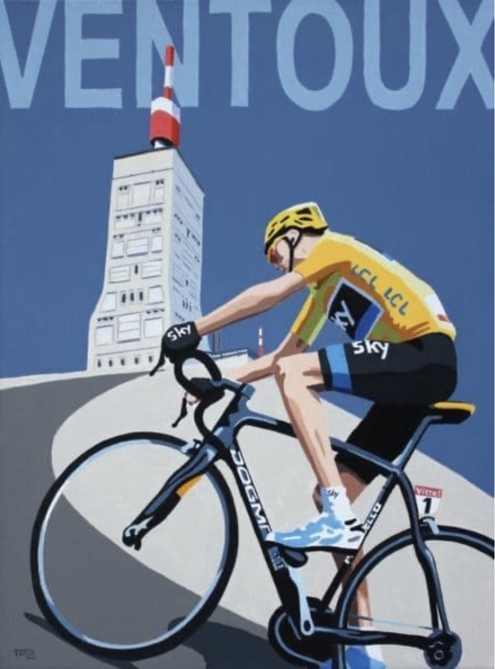 Illustrated poster of a cyclist climbing Mont Ventoux with the summit tower behind